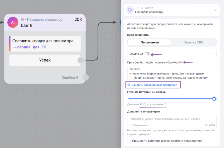 AI-блок «составить сводку для оператора», вид изнутри.